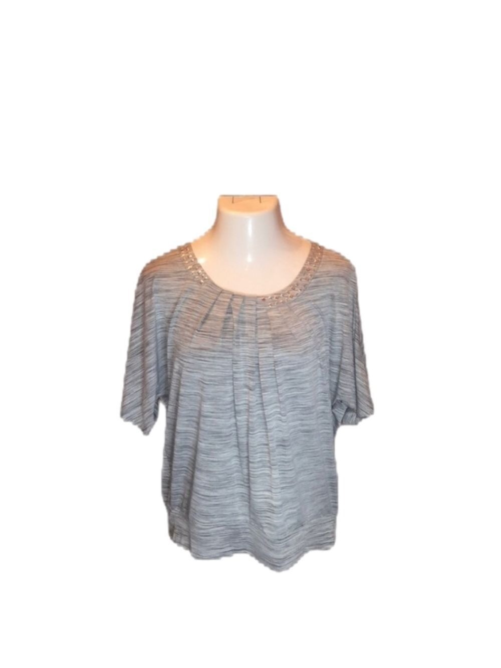 𝅺SAG HARBOR NWT! “Stretch” Gray Stripe  Top w/ Silver Neckline Bling Size L